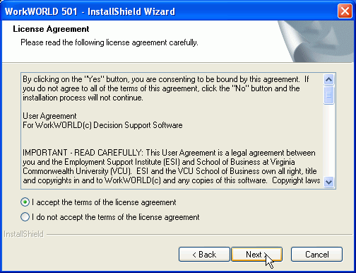 Screenshot of InstallShield Wizard License Agreement dialog box, showing text of license with focus and mouse pointer on Yes button.