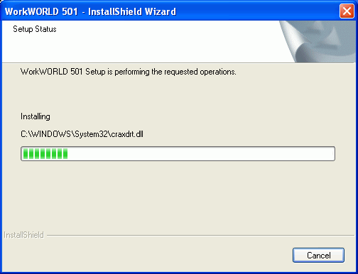 Screenshot of InstallShield Wizard Setup Status dialog box, showing dynamic setup progress indicator and percentage complete.