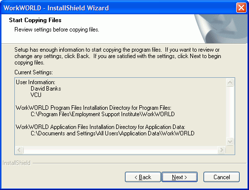 Screenshot of InstallShield WizardStart Copying Files dialog box, showing Current Settings with focus on Next > button.