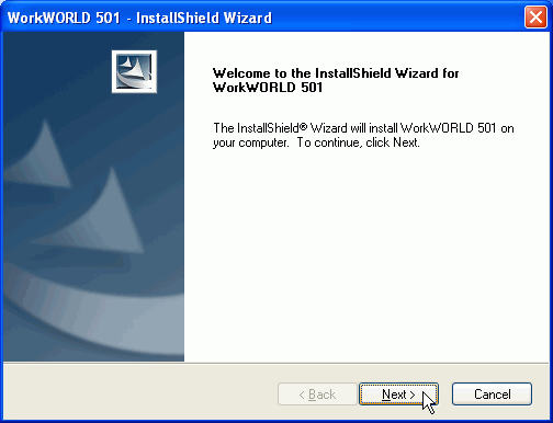 Screenshot of InstallShield Wizard Welcome to the InstallShield Wizard for WorkWORLD dialog box, with focus and mouse pointer on Next > button.