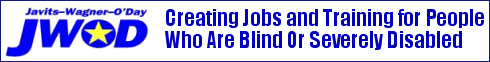 Logo of Javits-Wagner-O'Day Program, with slogan 'Creating Jobs and Training for People Who Are Blind Or Severely Disabled', as used on JWOD website.