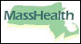 Logo of MassHealth program, with text 'MassHealth' superimposed on image with shape of State map.