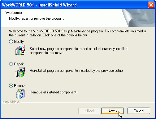 Screenshot of InstallShield Wizard Welcome to the InstallShield Wizard for WorkWORLD Setup Maintenance dialog box, showing Remove radio button selected with focus and mouse pointer on Next > button.