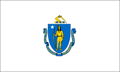 Image of the Massachusetts State Flag.  The flag depicts the Massachusetts coat of arms on a white field, on one side only. The obverse side of the flag is blank. The coat of arms of the Commonwealth of Massachusetts consists of a blue shield with an Indian on it. The Indian is dressed in a shirt, leggings and moccasins. He holds a gold bow in one hand and a gold arrow in the other hand. The point of the arrow is pointed down. In the upper right hand corner of the shield is a silver five-pointed star. Above the shield on a gold wreath is a right arm, bent at the elbow and grasping a gold broadsword. The motto of the Commonwealth is printed in gold on the blue ribbon partially surrounding the blue shield. The shield of blue represents the Blue Hills of Canton and Milton, Massachusetts. The Indian depicted on the shield, Massachuset, is shown carrying the arrow with its tip pointed downward to indicate a friendly demeanor and sign of peace. The silver star of the coat of arms is designated as white (instead of silver) for the flag and represents Massachusetts as one of the thirteen original colonies of the United States. The motto of the Commonwealth of Massachusetts, 'Ense petit placidam sub libertate quietem,' is printed in gold on a blue ribbon. It can be translated as 'By the sword we seek peace, but peace only under liberty.' This motto is supported by the ruffle sleeved arm grasping a sword that is depicted above the shield, representing the first part of the motto. The flag was adopted in 1915, and ammended in 1971.