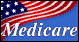 Logo of Medicare program, with text 'Medicare' in white letters superimposed over waving U.S. Flag on blue background, as used on Medicare.gov website.