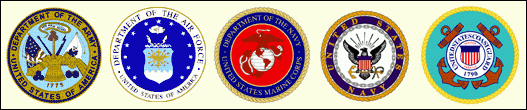 Seals of the five military armed services branches -- Army, Air Force, Marine Corps, Navy, and Coast Guard.