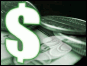Graphic image of money, with coins and bills on generally green-shaded background and white Dollar Sign ($) superimposed in foreground.