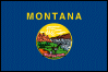 Image of the Montana State Flag.  The flag is blue with a gold fringe on the top and bottom edges. The word 'MONTANA', in gold letters is positioned above the Montana state seal, which is centered on the blue field and depicts some of Montana's beautiful scenery and reflects the pioneering history of the state. A brilliant gold sky with white clouds and white sunrays over snowy mountains, forests, cliffs and the blue and white Great Falls of the Missouri River serve as the background for a pick, a shovel and a plow. These tools represent Montana's mining and farming past and present. The state motto 'ORO Y PLATA' (Spanish for Gold and Silver) is displayed on a ribbon at the bottom of the seal. Montana is sometimes called 'The Treasure State,' and the name Montana is the Spanish word for mountainous. The flag was adopted in 1905, and amended in 1981 and 1985.