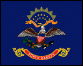 Image of the North Dakota State Flag.  A dark blue field displays a Bald Eagle grasping an olive branch and a bundle of arrows in its claws. The eagle carries a ribbon with the words 'One nation made up of many states.' On its breast is a shield with thirteen stripes representing the original thirteen states. A fan-shaped design above the eagle represents the birth of the United States and includes thirteen stars echoing the thirteen stripes on the shield. A red scroll with gilt edges below the eagle displays the state name, North Dakota. The flag was adopted in 1911.