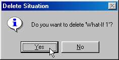 Screenshot of Delete Situation information dialog box, showing text message asking if you want to delete the situation, with focus and mouse pointer on Yes button.