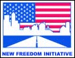 Logo of New Freedom Initiative, showing text 'New Freedom Initiative', with road in foreground leading to city skyline in background in front of U.S. Flag.