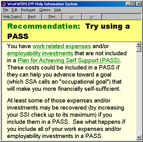 Screenshot of WorkWORLD Help/Information System window, displaying a topic titled Recommendation: Try Using A PASS with associated text showing several hyperlinks.