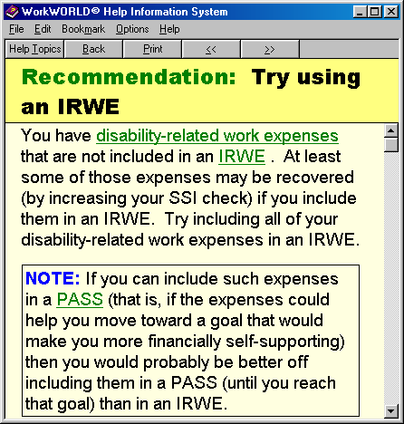 Screenshot of WorkWORLD Help/Information System window, displaying a topic titled Recommendation: Try Using An IRWE with associated text showing several hyperlinks.