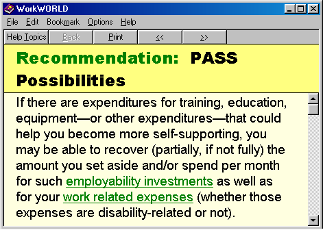 Screenshot of WorkWORLD Help/Information System window, displaying a topic titled Recommendation: PASS Possibilities with associated text showing several hyperlinks.