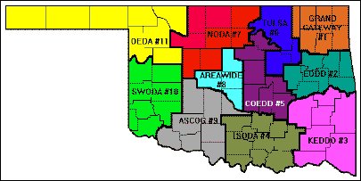 Map of Oklahoma, showing the counties served by each of regional Area Agencies on Aging (AAA).