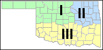 Map of Oklahoma, showing the counties falling in each of the three Developmental Disabilities Services Division (DDSD) service areas.