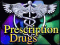 Graphic with words 'Prescription Drugs' in yellow letters superimposed on the common medical symbol of a short rod entwined by two snakes and topped by a pair of wings, which is actually the caduceus or magic wand of the Greek god Hermes (Roman Mercury), messenger of the gods, inventor of (magical) incantations, conductor of the dead and protector of merchants and thieves, all superimposed over multi-colored drug capsules on black background.