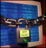 Picture of computer monitor wrapped in chain with padlock, meant to represent privacy and security of data.