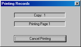 Screenshot of Printing Records dialog box, showing dynamic indicators of Copy and Page being printed, with focus on Cancel Printing button.