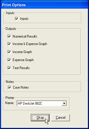 Screenshot of Print Options selection box, showing checkboxes for inputs and the various outputs, along with a drop-down menu for selection of printer, with focus and mouse pointer on Okay button.