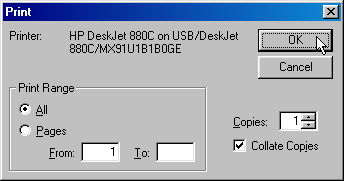 Screenshot of Print combo box, showing a text message indicating printer selection, a Print Range area with radio buttons for All or selected Pages and numeric input boxes for From and To page numbers, a Copies area with a number of Copies numeric entry box and a Collate Copies check box, with focus and mouse pointer on OK button.