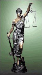 Image of Justitia, the Roman goddess of Justice, portrayed with a blindfold, holding the scales of justice in one hand and a sword in the other.  Draped in flowing robes, mature but not old, she symbolizes the fair and equal administration of the law without corruption, avarice, prejudice, or favor.