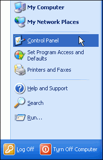 Screenshot of selected portion of Windows Start menu showing first the Settings item highlighted and then the Control Panel item on the submenu highlighted, with the mouse pointer on the Control Panel item.