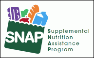 Graphic of stylized grocery bag with food and acronym SNAP, along with words: Supplemental Nutrition Assistance Program.
