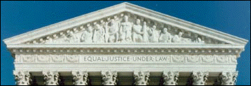 Picture of West pediment above main entrance to U.S. Supreme Court building, showing 'Equal Justice Under Law' inscription.