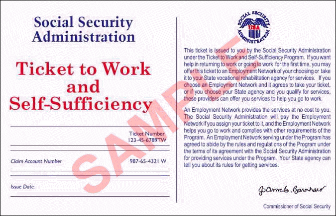 Image of sample copy of actual SSA Ticket to Work and Self-Sufficiency