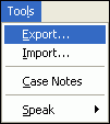 Screenshot of Tools item on main menu, showing resulting drop down menu with Export... item highlighted.