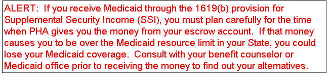 Screenshot of an alert message contained within the Family Self-Sufficiency (FSS) Program - Section 8 Help topic.  The alert text warns that if you receive Medicaid through the 1619(b) provision for SSI, you must plan for the time that your PHA gives you money from your escrow account.  If that money causes you to be over the Medicaid resource limit, you could lose your Medicaid coverage.