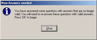 Screenshot of WorkWORLD dialog box with text message saying that you have answered some questions with answers that are no longer valid, and that you need to re-answer these questions with valid answers.  Focus is on the OK button.