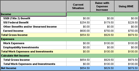 Screenshot of SSI/DI Numeric Results table from WorkWORLD, with sections for Income, Expenses, Calculate Net Income, and the bottom line of SSI/DI Net Income.  The table has details for three situations, labeled Current Situation, Raise with Expense Increase, and Using IRWE.  For the last situation, it shows Total Gross Income of $979.50, Total Work Expenses and Investments of $100.00, and SSI/DI Net Income of $879.50.