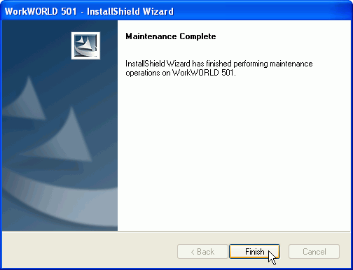 Screenshot of InstallShield Wizard dialog box titled Maintenance Complete, with text indicating that the InstallShield Wizard has finished performing maintenance operations.  The only operational response button is labeled Finish.