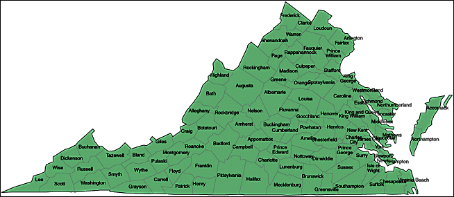 Virginia state outline map showing name and location of counties