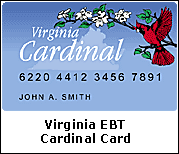 Image of Virginia Electronic Benefit Transfer (EBT) Cardinal Card, with white Dogwood branch and red Cardinal on blue background with superimposed Virginia state map outline.