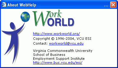 Screenshot of About WebHelp window, showing WorkWORLD logos and program and contact information links.
