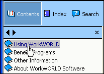 Screenshot of portion of Toolbar and Navigation Frame, showing Contents Button selected with major sections of Table of Contents represented as closed books next to named links to those sections.