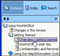 Screenshot of portion of Toolbar and Navigation Frame, showing Contents Button selected with major sections of Table of Contents represented as opened books next to named links to those expanded sections, with highlighted topic page name synced with display in topic frame.