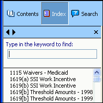 Screenshot of portion of Toolbar and Navigation Frame, showing Index Button selected, followed by empty text entry box, and Index Keyword links displayed in alphabetical list and scrollbar.