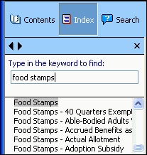 Screenshot of portion of Toolbar and Navigation Frame, showing Index Button selected, followed by text entry box with keywords to find typed in, and matching Index Keyword links displayed in alphabetical list with  first Keyword link highlighted.