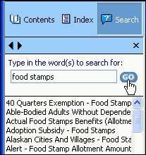 Screenshot of portion of Toolbar and Navigation Frame, showing Search Tab selected, followed by text entry box with words to search for typed in, pointer on Go button, and matching Topic names that contain the search words displayed in alphabetical list of links with scrollbar.