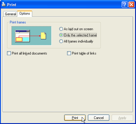 Screenshot of typical Print Dialog options window, showing checked option to print only the selected frame, with pointer above Print button.
