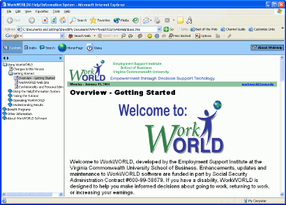 Screenshot of typical Help topic display with Toolbar and Navigation Frame shown.  The topic displays in the right frame of the window, while the Navigation frame displays in the left frame.  The browser menu and toolbars are above.