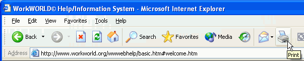 Screenshot of browser menu and toolbars, showing pointer on Print button of toolbar.