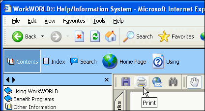 Screenshot of upper portion of typical Help topic window, showing Adobe Acrobat toolbar at top of topic display right frame, with pointer on Print button of Acrobat Reader toolbar.