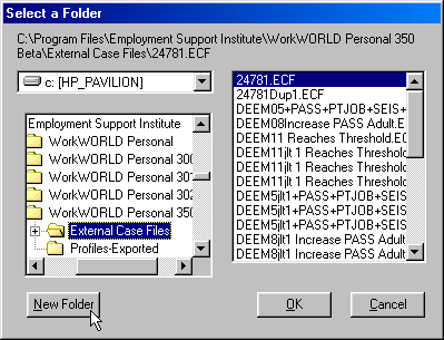 Screenshot of Select a Folder window showing text area at top displaying full path and name of selected file, and below that at upper left the drive selection drop down box, at lower left a tree view folder selection box, and at right a file name selection box. Along the bottom of the window are New Folde, OK, and Cancel buttons.  The mouse pointer is positioned over the New Folder button.