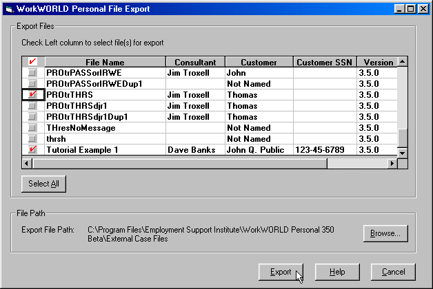 Screenshot of WorkWORLD Personal File Export combo box, showing near the top a list of files with check boxes and Select All button for selection of files to export, in middle of window the file path and a Browse button to select a different path, and along the bottom of the window Cancel and Help buttons, and mouse pointer on Export button.